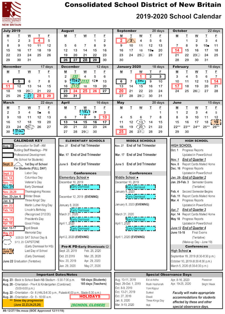 2019-2020 School Year Calendar Available - New Britain Progressive