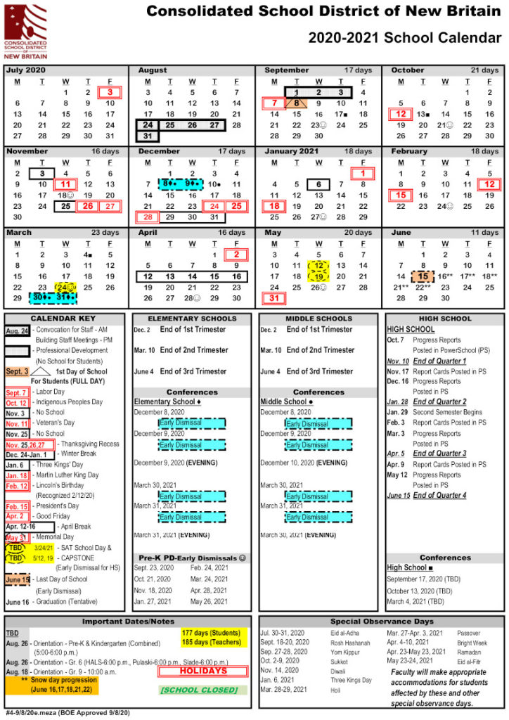New Britain 20202021 School Calendar Start Date CHANGED to Sept 8th