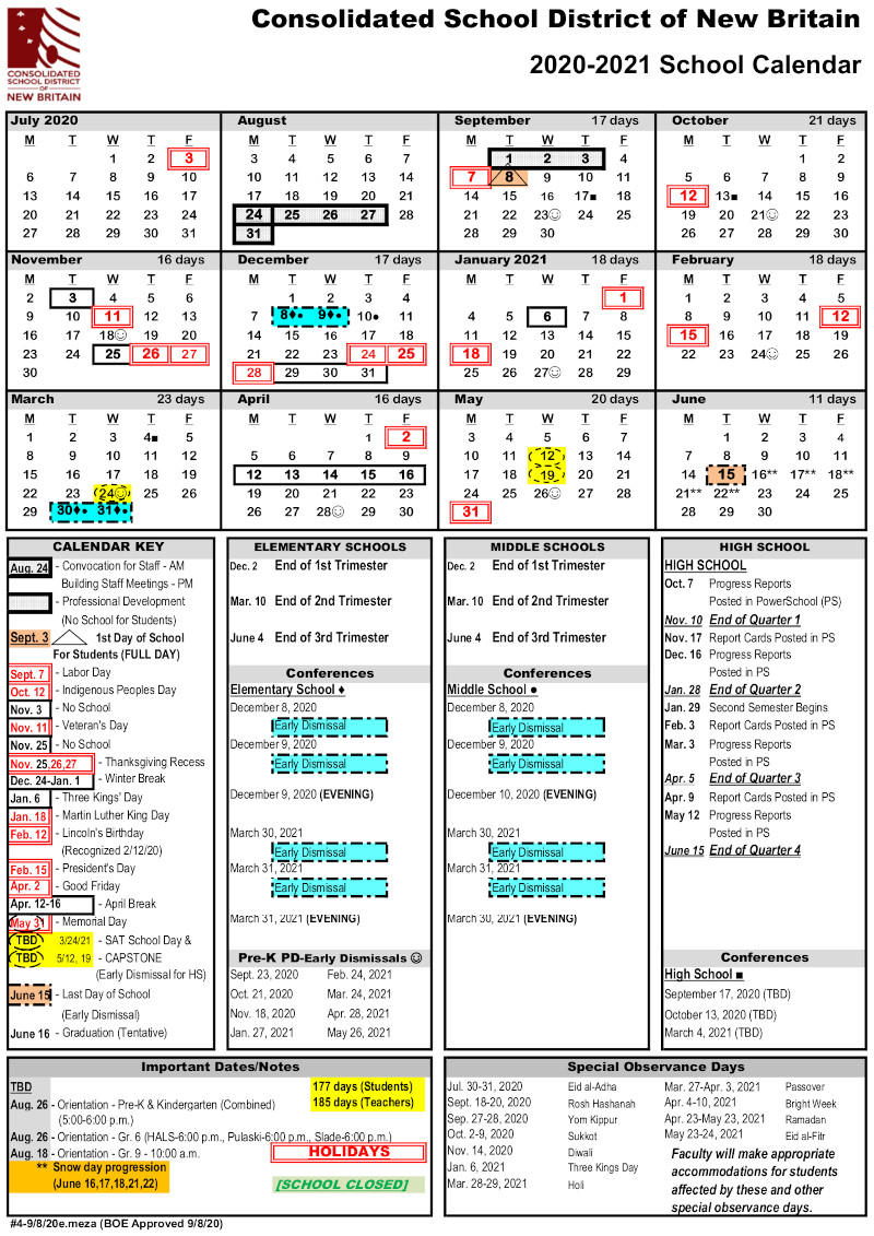 New Britain 2020-2021 School Calendar Start Date CHANGED to Sept 8th ...