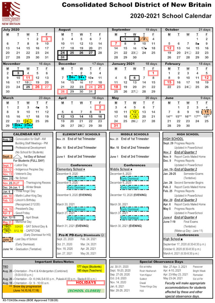 New Britain 2020-2021 School Calendar to Start Sept 3 ...