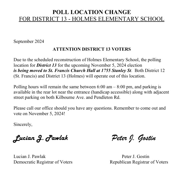 Voting District 13 location change to Saint Francis Church Hall