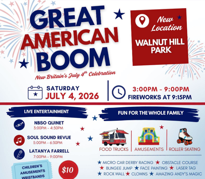 2026 New Britain 4th of July Fireworks, “Great American Boom” Presented by Mayor Bobby Sanchez and the City of New Britain – Free Event and Moved to Walnut Hill Park